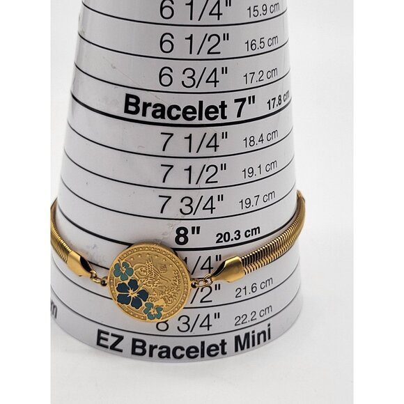 VTG Hibiscus Coin Medallion Gold Tone Herringbone Bracelet Stainless Steel - Picture 6 of 8